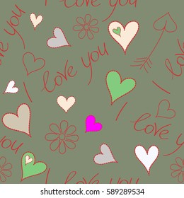 Beige and orange hearts, I love you text, flower seamless pattern. Vector Valentine Day design for greeting card. Hand drawn heart art of marker or felt-tip pen drawing for Valentines card.