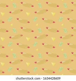 beige orange seamless pattern texture with hot dog green leaves delicious gift food sausage food vector background