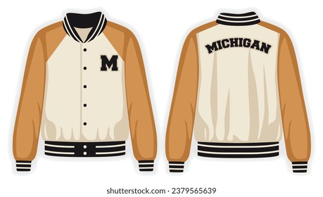 Beige orange varsity jacket front and back view, vector mockup illustration