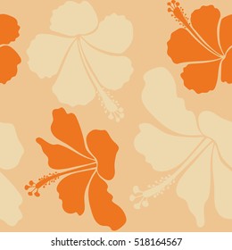Beige and orange vector seamless pattern. Vector illustration. Tropical seamless pattern with many beige and orange hibiscus flowers.