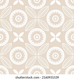 Patrón vectorial sin costuras de adorno beige. Fondo simétrico de flores. Fondo floral geométrico. Ilustración gráfica étnica. Papel de escritorio, tela, textil, impresión, papel de embalaje o diseño de paquete.