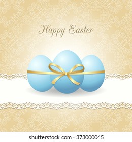 Beige ornamental background with Easter eggs on white lacy doily. Happy Easter greeting card. Vector illustration Eps 10