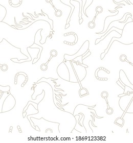 Beige outline horse, saddle and horseshoe silhouette seamless pattern. Vector illustration.