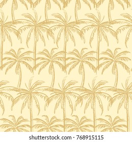 Beige outline palm trees on the cream color  background. Vector seamless pattern. Tropical illustration. Jungle foliage.