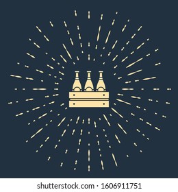 Beige Pack of beer bottles icon isolated on blue background. Wooden box and beer bottles. Case crate beer box sign. Abstract circle random dots. Vector Illustration
