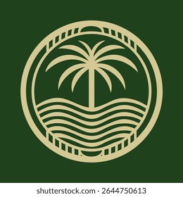 Beige Palm Tree and Ocean Waves Design in Circular Frame on Dark Green Background Abstract Tropical Summer Vacation
