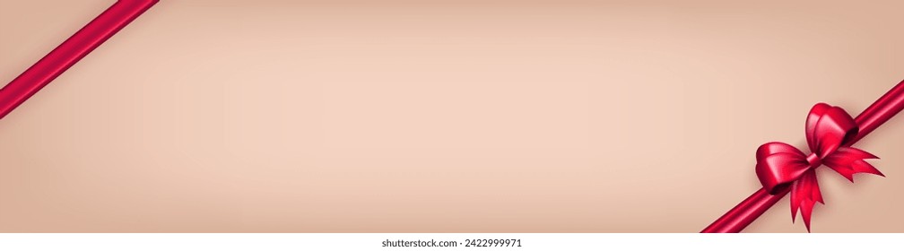 Banner panorámico beige, cabecera con arco 3d realista rosa y espacio vacío para texto. Arco de seda tridimensional en la esquina con cinta como marco para la tarjeta de saludo o caja de regalo para la celebración de las vacaciones