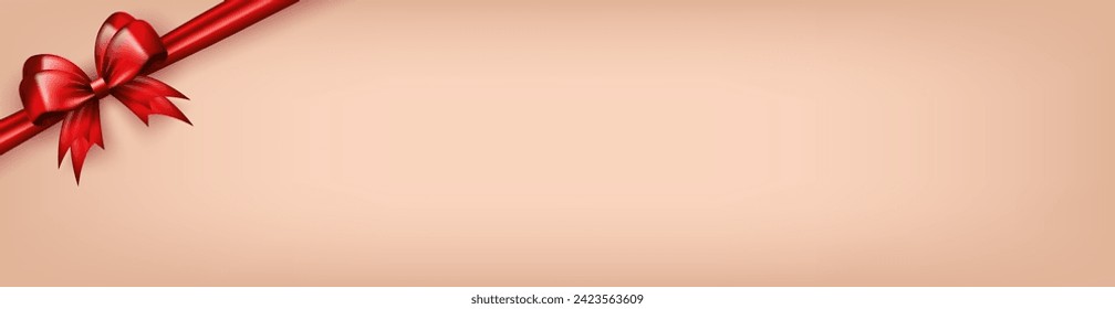 Beige panoramic banner, header with red realistic 3d bow and empty space for text. Three dimensional silk bow in the corner with ribbon as frame for greeting card or gift box for holidays celebration