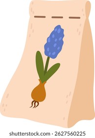 Beige paper bag filled with muscari bulbs and seedlings, showcasing vibrant green leaves and striking blue flowers, perfect for planting in gardens or pots