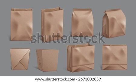 Beige paper bag mockups with serrated and fold edges, boxes for for takeaway food packaging application. Natural kraft material containers for takeout, grocery and eco friendly retail branding design