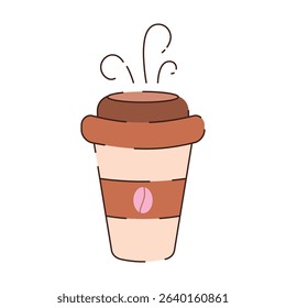 A beige paper coffee cup with a lid and a pink coffee bean icon.