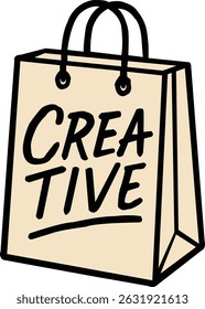 Beige paper shopping bag with bold hand drawn creative text and black outlines ideal for branding and design themes