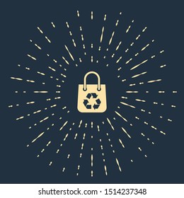 Beige Paper shopping bag with recycle icon isolated on dark blue background. Bag with recycling symbol. Abstract circle random dots. Vector Illustration