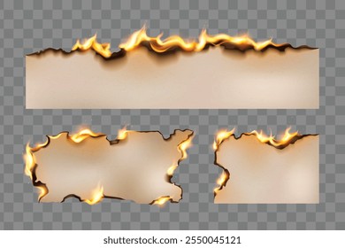 Beige parchment sheets with glowing edges and bright fire flames. Realistic 3d burning paper with charred borders on transparent background. Burnt flammable text banner template. Scorched page frame.