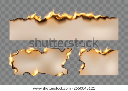 Beige parchment sheets with glowing edges and bright fire flames. Realistic 3d burning paper with charred borders on transparent background. Burnt flammable text banner template. Scorched page frame.
