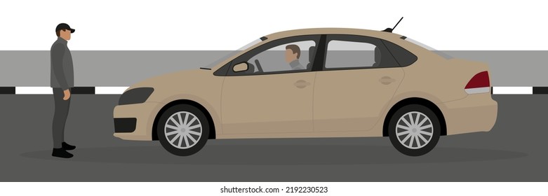 Beige passenger car with a driver and a male character in front of the car on the road