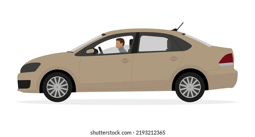 Beige passenger car with a half-open window and a driver on a white background