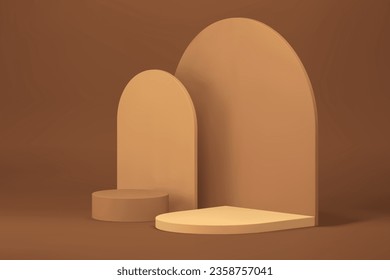 Beige pastel 3d podium pedestal mock up for cosmetic product show presentation realistic vector illustration. Brown neutral commercial stand semicircle display with curved wall for shopping promo
