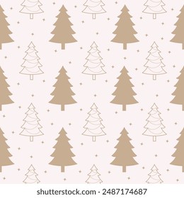 Beige pastel christmas tree vector pattern. New year pines on light background with stars 