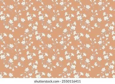 Beige pastel pattern with abstract artistic branches with tiny flowers, small buds, little leaves. Gentle wild fall florals stems background. Vector hand drawing sketch. Simple ornament for designs 