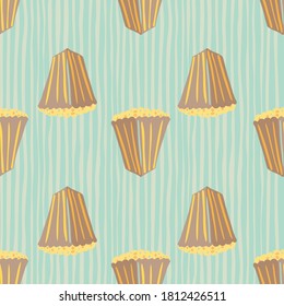 Beige pastel seamless pattern with popcorn ornament. Blue stripped soft background. Food backdrop. Decorative backdrop for wallpaper, textile, wrapping paper, fabric print. Vector illustration.