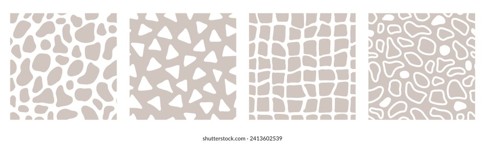 Beige pastel set of seamless patterns, minimalist style. Mid century aesthetic background. Geometric shapes. Vector illustration