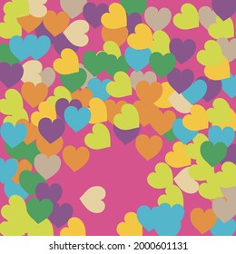 Bebe Pastel, Sencillo Arte De Boda Romántica. Agradable Diseño Moderno De San Valentín Verde Morado. Los Corazones Coloridos Arcoiris Aman La Impresión De Vectores Confetti. Tela Detallada Violeta Moderna Y De Moda.