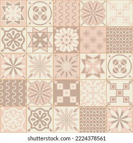 Beige pastel square ceramic tiles, gentle idyllic mediterranean style illustration for interior design