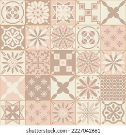 Beige pastel square ceramic tiles, gentle idyllic mediterranean style design