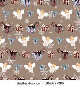 Beige pattern background with cappuccino and gingerbread houses