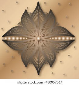 beige pattern in boho style, decorated with pearl beads on a light background