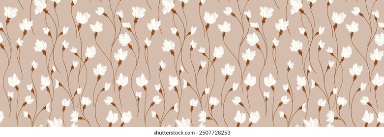 Beige pattern with creative florals stems. Abstract artistic branches with tiny flowers small buds intertwined in a seamless background. Vector hand drawing. Simple ornament for designs, print