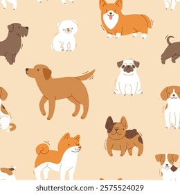 Beige pattern with different dog breeds. Seamless vector print with cute purebred dogs.