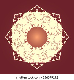 Beige pattern in the form of a hexagon in the center of the burgundy background.