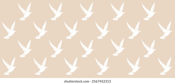 Beige pattern with white silhouette of birds flight background