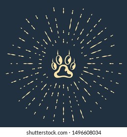Beige Paw print icon isolated on dark blue background. Dog or cat paw print. Animal track. Abstract circle random dots. Vector Illustration