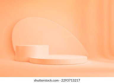 Beige or peach podium. Fashion showcase mockup scene, cosmetics product presentation clean display podium or studio showroom round realistic vector pedestal. Exhibition gallery platform base backdrop