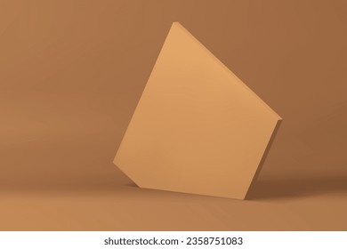 Beige pentagonal 3d wall geometric showcase for product promo presentation realistic vector illustration. Pastel brown pentagon angular vertical platform advertising display for commercial sale