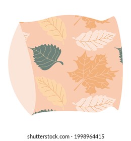 Beige pillow with fall pattern of green and beige leaves. Vector