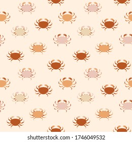 Beige, pink and brown crab seamless pattern. Calm, warm summer vector print for children apparel, textile, wrapping paper, fabric. Tender marine background, EPS10, editable 