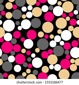 beige, pink, gray and white circles of different sizes are randomly arranged on a black background. geometric seamless pattern. vector