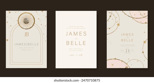 Beige and pink Luxury Wedding Invitation, start invite thank you, rsvp modern card Design in Night sky with  little star moon sun and space decorative Vector elegant rustic template