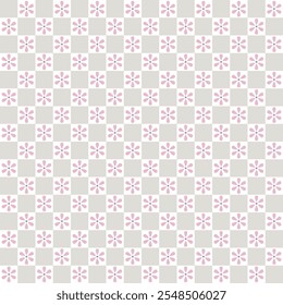 Beige und rosa nahtloses Muster mit Schachbrett und Retro-Blumen. Einfaches geometrisches Blumenmuster.
