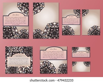 Beige and pink set of brochures, invitations and business cards. Nice hand-drawn illustration