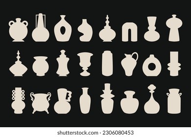 Beige pink silhouette isolated decoration vases, pots, and jars icons set design elements on light black background poster