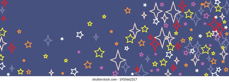 Beige Pink Stars Purple Vivid Violet Sky Background. Yellow Colorful Red Holiday Horizontal Print Christmas Design Pic. White Orange Bright New Year Vibrant Chaotic Multicolor Stars Pattern.