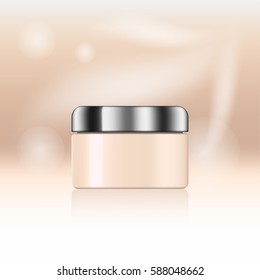 beige and pink vector cream jar, container for cosmetic products on abstract background for ad. Realistic 3d mockup, cosmetic template in vector. original design.