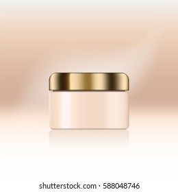 beige and pink vector cream jar, container for cosmetic products on abstract background for ad. Realistic 3d mockup, cosmetic template in vector. original design.