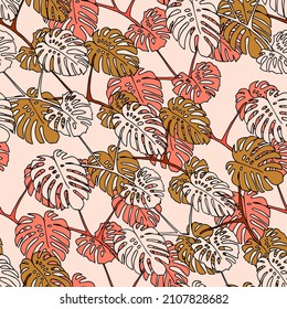 The Beige and pink vector Illustration of leaves monstera. Seamless pattern