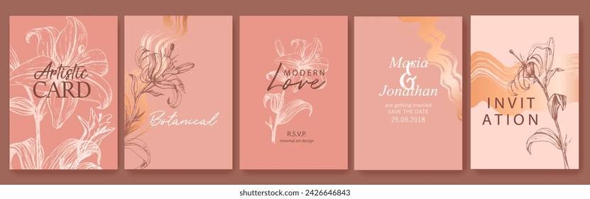 Beige, pink watercolor soft backgrounds with hand drawn lilies, flowers. Gift cards, wedding, branding, cover template. Spring natural design.